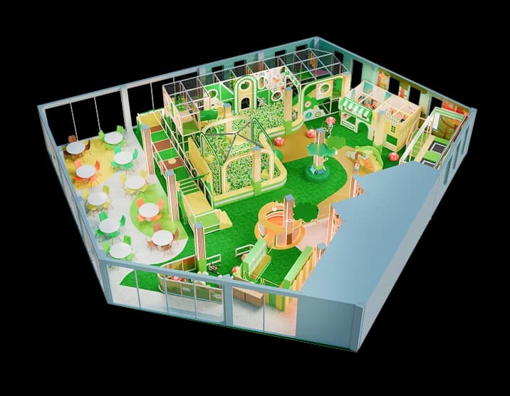3D-визуализация игрового центра в зелёных тонах